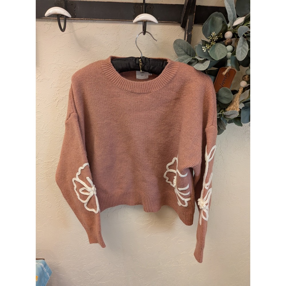 Luna Ivy Womens Mauve Pink 3D Floral Embroidered Sleeve Crewneck Sweater M